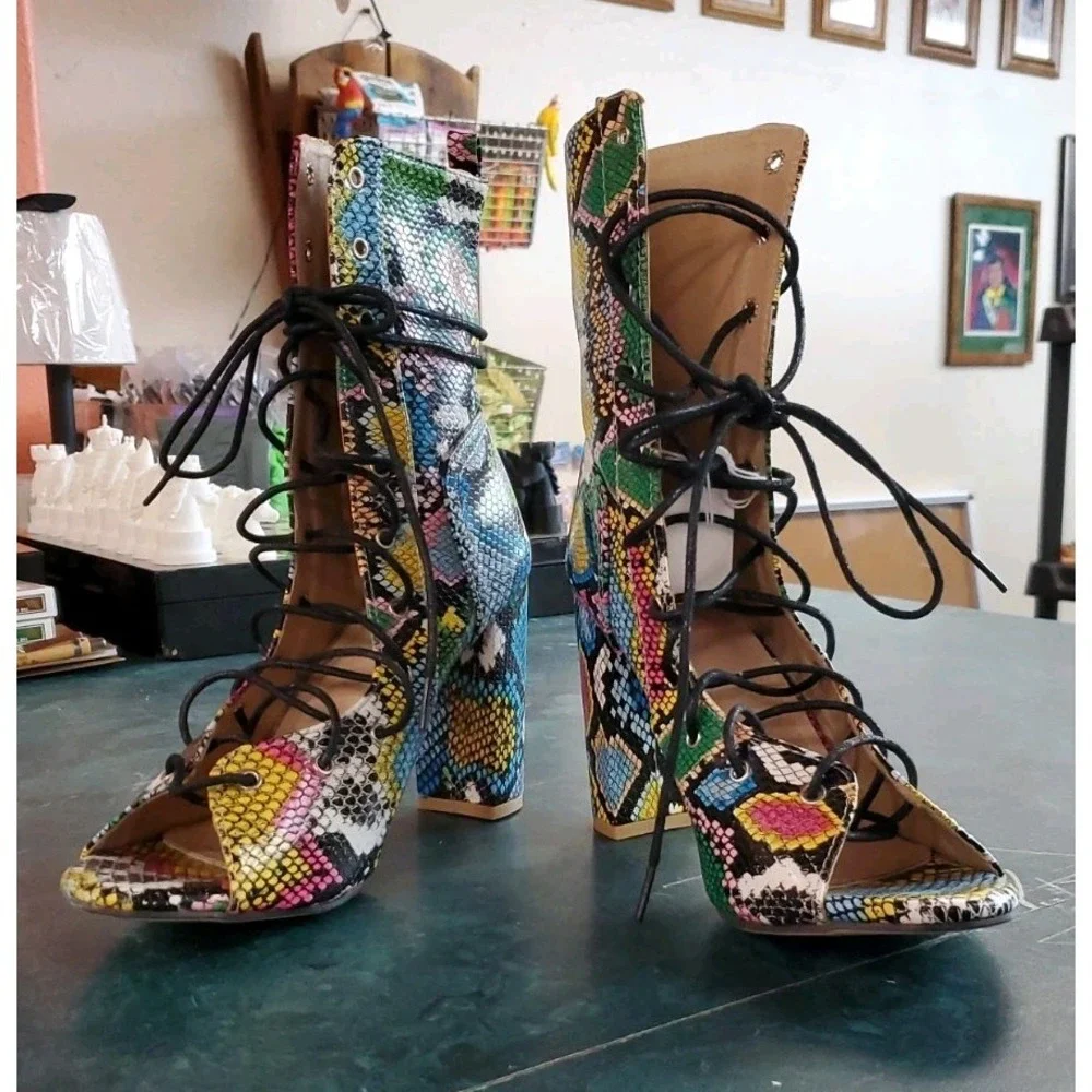 Snakeskin Print Lace-Up Chunky Heel Sandals Wmn 8.5 Multicolor Open Toe 40 L 8-9